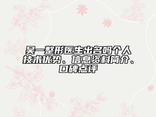 吴一整形医生出名吗个人技术优势、信息资料简介、口碑点评